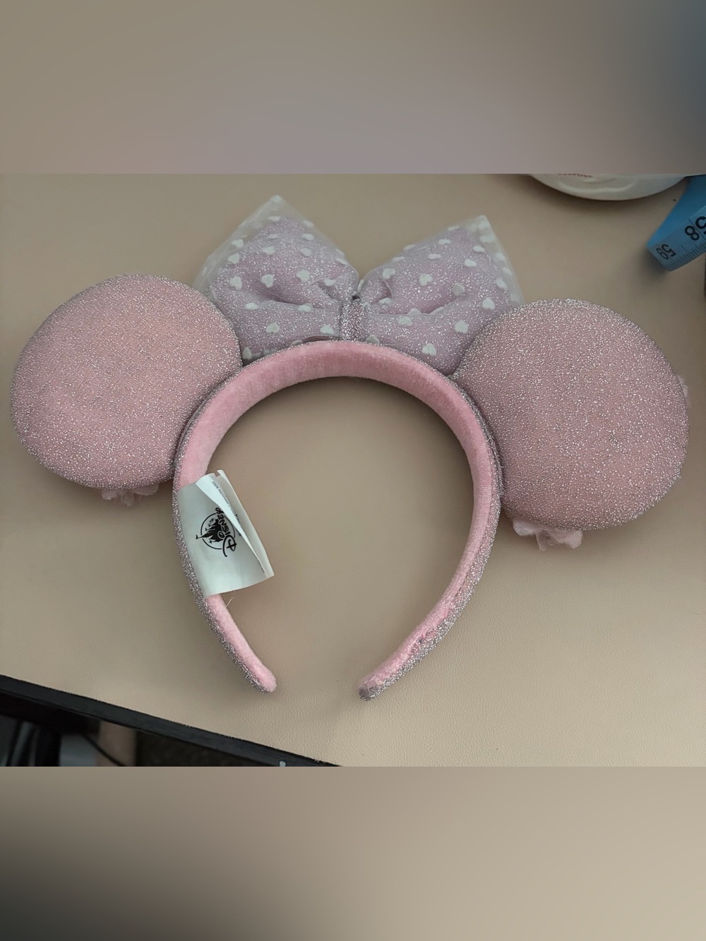 Disney Parks Pink Sparkle Minnie Mouse Ears Headband with Floral & Hearts Bow - Picture 2 of 12